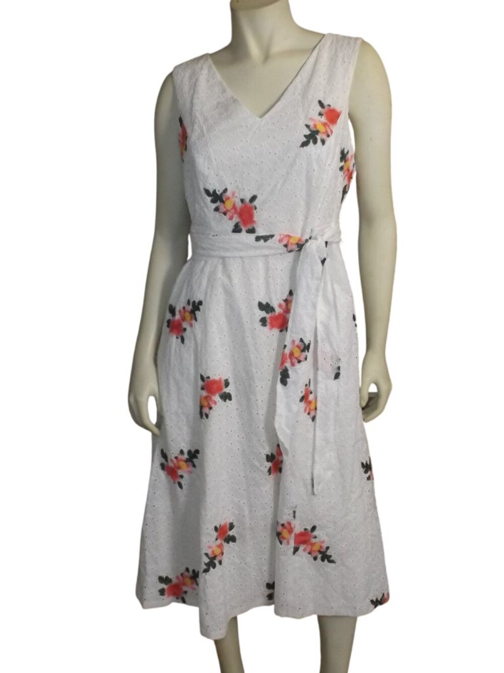 new CALVIN KLEIN Midi Dress, 10, White Eyelet, Embroidered Floral, A-line V-neck